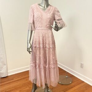 Needle & Thread Pink Sheer Lace Boho‎ Balletcore Romantic Maxi Gown Dress